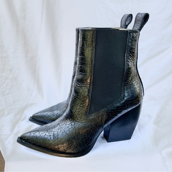 ALL SAINTS | RIA CROC EMBOSSED CHELSEA HEELED BOOT IN BLACK LEATHER SIZE 10 - Picture 5 of 9